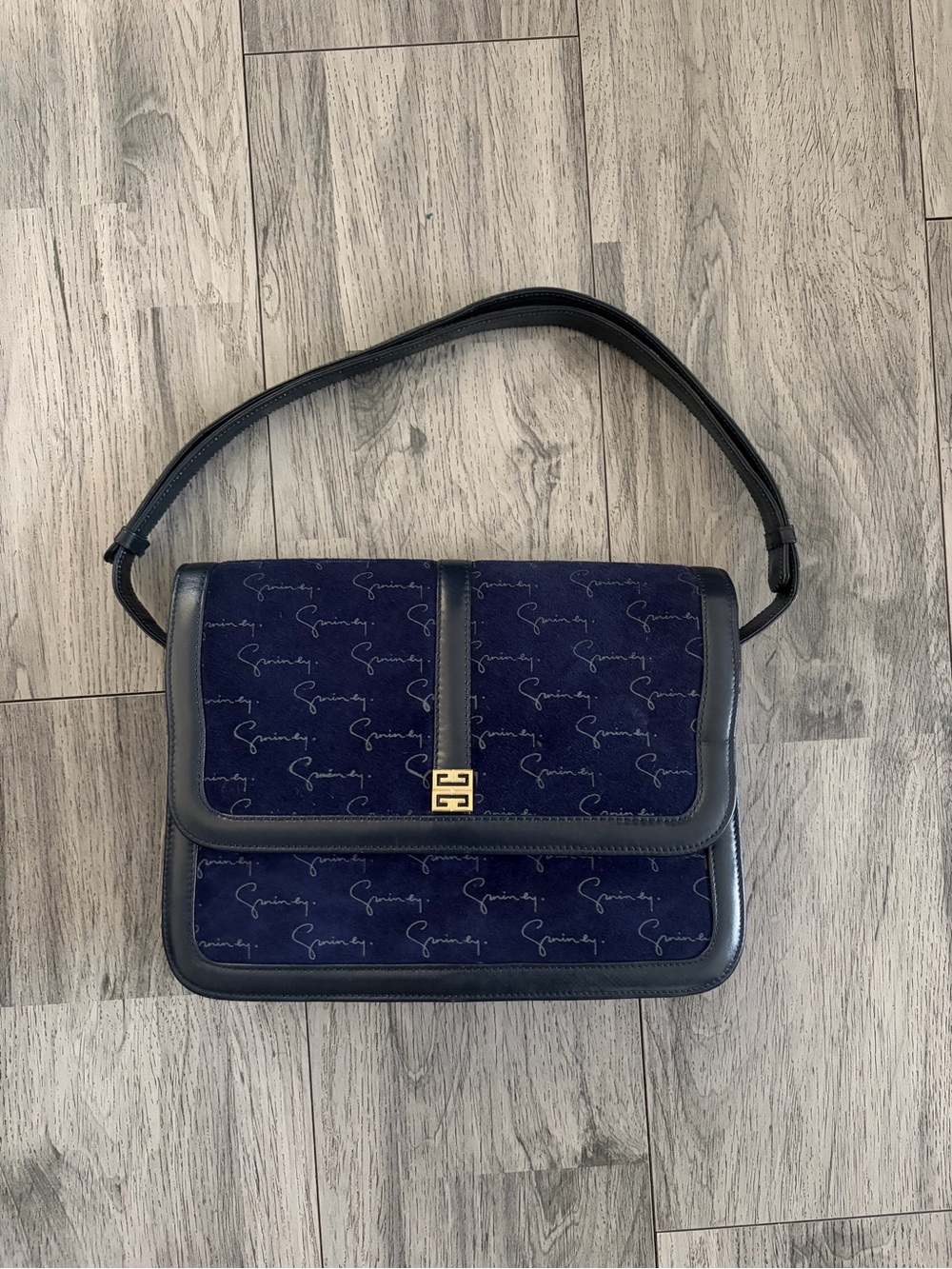 Givenchy Vintage Black Leather and Blue Suede Shoulder Bag with G Logo Plaque